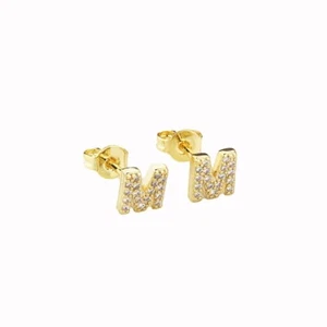 14k Yellow Gold Created Diamond Initial M Letter Stud Earrings Plated - Picture 1 of 1