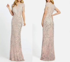 MAC DUGGAL 4715 EMBELLISHED FRINGE CAP SLEEVE TRUMPET PLATINUM GOWN  sz 4 - Picture 1 of 7