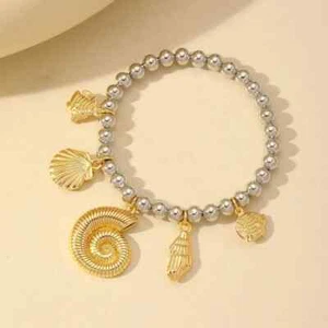18K Gold Plated Copper Seashell and Fish Charm Bracelet - Picture 1 of 5