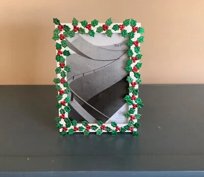 5” x 7” green holly leaf and red berry ribbon embellished picture frame - Image 1 of 4