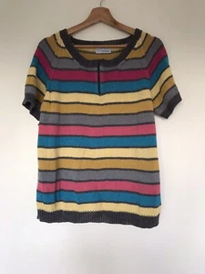 HandMade Multicoloured Striped Short Sleeve Pure Wool Jumper Size M Womens - Picture 1 of 10