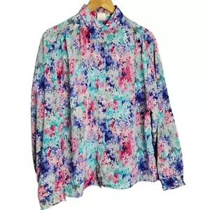 80s Vintage Pastel Floral Watercolor Button Down Long Sleeve Blouse Size 18 - Picture 1 of 11