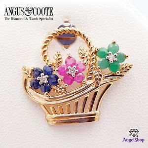 Angus & Coote 9ct Gold Pendant Natural Emerald, Ruby, Sapphire Pendant 9K