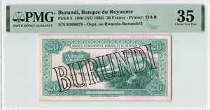 BURUNDI 20 Francs 1960 (ND 1964), P-3, Overprinted Note, PMG 35 Choice VF, Rare - Picture 1 of 2