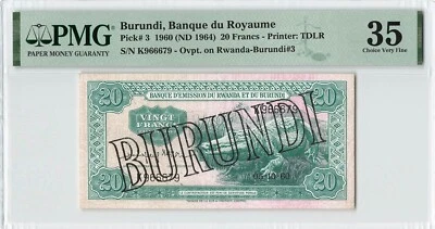 BURUNDI 20 Francs 1960 (ND 1964), P-3, Overprinted Note, PMG 35 Choice VF, Rare - Image 1 of 2