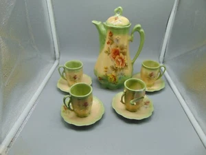 Green w/Roses Chocolate Pot w/Cups and Saucers Stamped MYH - Picture 1 of 4