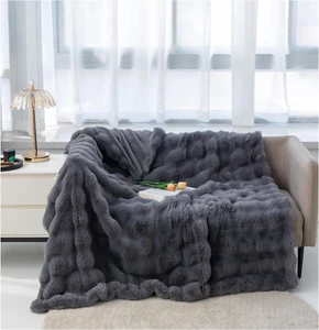 Luxury Faux Rabbit Fur Bubble Blanket Throw, Soft Cozy Fleece Blanket for Sofa B - Picture 1 of 12