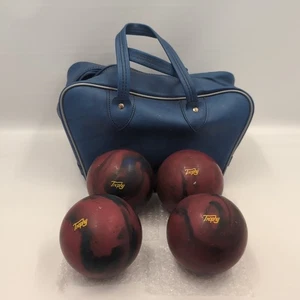 4 Trophy Maroon/Blue Vintage Candlepin Bowling Balls 2.6oz Balls & Bag - Picture 1 of 3