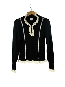 CAbi Womens Black Ribbed Ivory Ruffle Collar Adorn Sweater Knit Top #4103 Size S - Picture 1 of 7