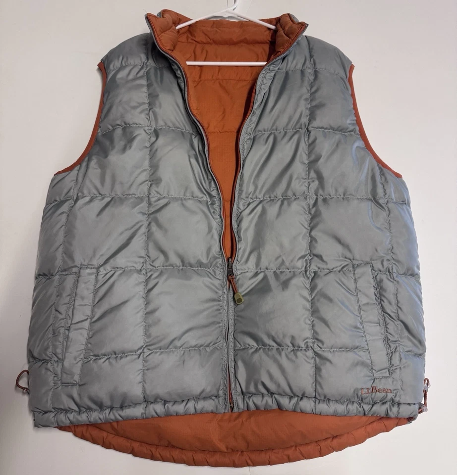 LL Bean Goose Down Puffer Vest Reversible Men Large Gray And Orange Zip Pockets - Image 1 of 4