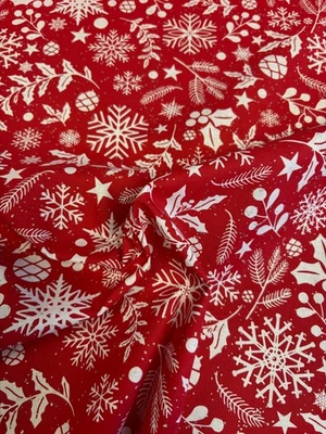 2 Metres Red Christmas Botanical Printed 100% Cotton Fabric. 60" Wide