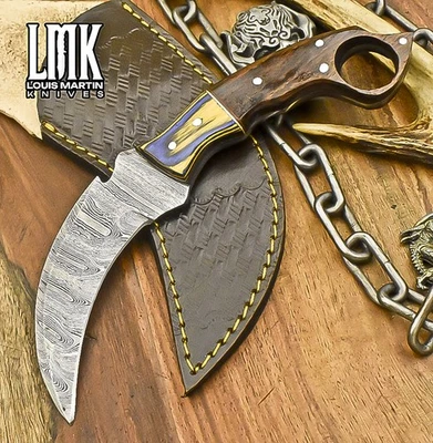 LMK Handmade Hand Forged Karambit Knife Twist Damascus Walnut Wood Fishing - Image 1 of 4