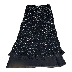 VTG April Cornell Maxi Skirt Women’s M Black Polka Dot Layered Pleated Lace Hem - Picture 1 of 8