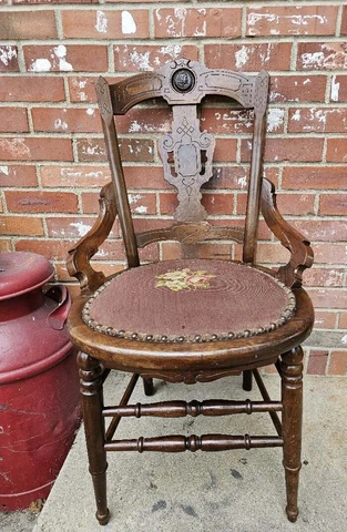 Antique Walnut Chair Burgundy Needlepoint Ornate Carved Backrest Face Medallion Cover