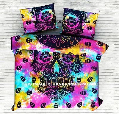 Edredón edredón de algodón indio Queen funda de almohada tie dye cabeza de calavera funda nórdica  Foto 1 de 4