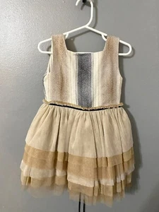 Nueces Toddler Girls 4 Gold & Cream Striped Ruffle Tulle Dress Made In Spain - Picture 1 of 4