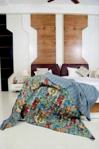 Indian Kantha Quilt Floral Print Twin & Queen Block Printed Winter Bedspread US - Picture 1 of 118