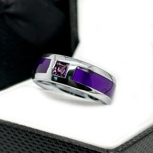 8 mm Wolframcarbid Ring mit auffälligem quadratisch geschliffenem lila Stein und Achat-Inlay - Bild 1 von 4