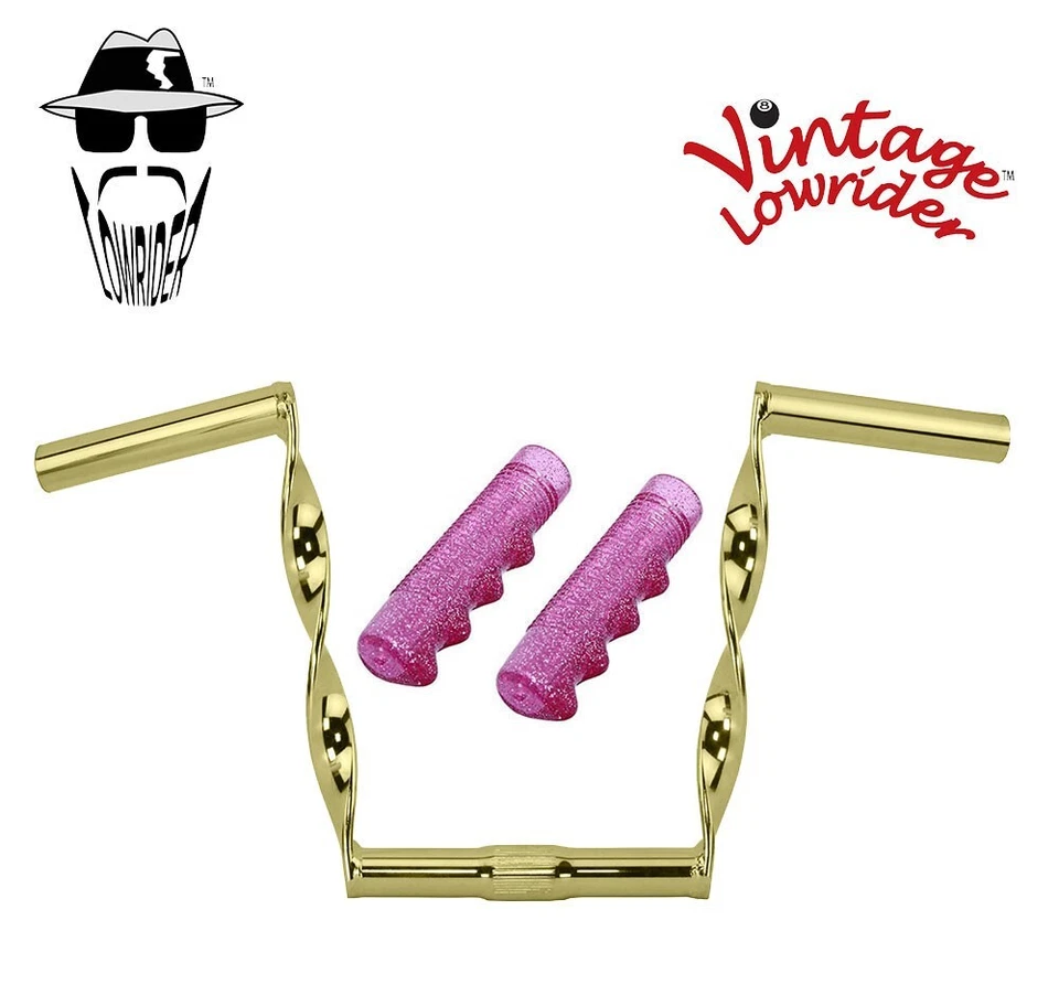 Manillar Lowrider vintage 9" PLANO DORADO trenzado 25,4 mm y 120 mm empuñaduras SPARKLE. Foto 1 de 1