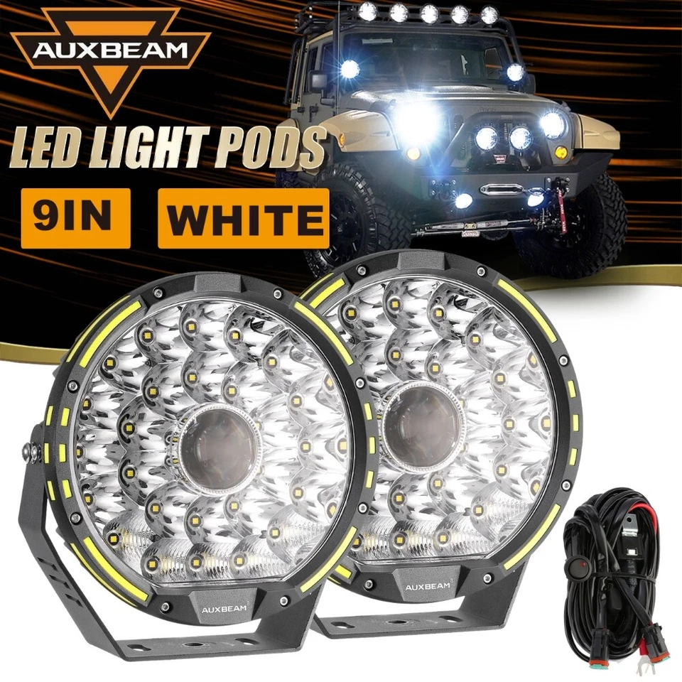 AUXBEAM Pair 9" LED Driving Light Pods Round Spotlight Lamp for Dodge Ram Pickup - Image 1 of 4