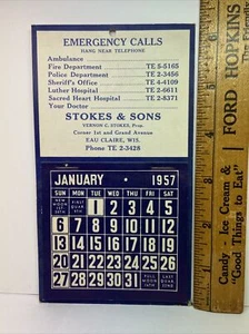 Vintage Advertising 1957 Calendar Emergency Call # Stokes Funeral Eau Claire WI - Picture 1 of 2