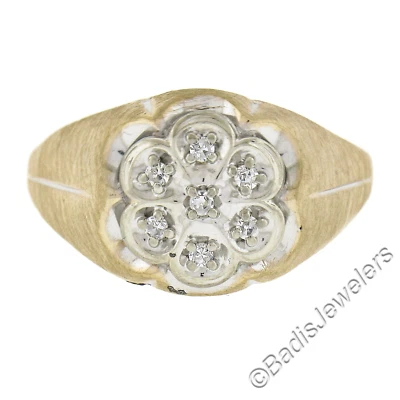 Men's 10K Two Tone Gold 0.10ctw Single Prong Diamond Matte Finish Cluster Ring - Image 1 of 4