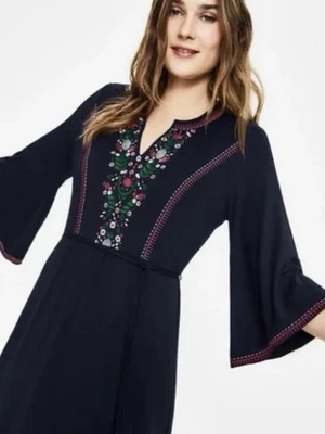 Boden Remi Belted Embroidered Midi Dress Sz US 12R Navy Blue Floral Excellent - Image 1 of 4