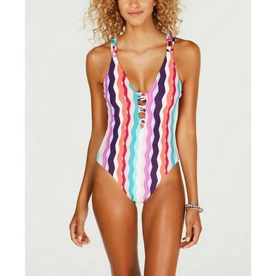 Traje de baño Bar III Waves Chevron estampado con tiras pierna alta de una pieza S rosa azulado Foto 1 de 4