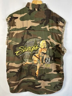 Harley Davidson Men Denim Camo Bikers Fringe Sleeveless M 71yrs 2011 Sexy Girl - Image 1 of 4