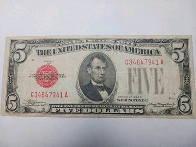 1928 C Red Seal $5.00 Dollar  United States Note  - Nice VF+ Condition - Image 1 of 4
