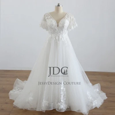 Hot Wedding Dress Bridal Gown Custom made 2-28W Plus Bishop Sleeves 3D Flowers - Image 1 of 4