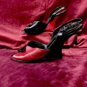 Vintage Ladies Shoes Red Black Color Blocked Cantilever Jerro 1940s 50s Novelty - Picture 1 of 6
