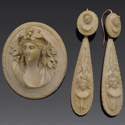 Antique Gold Filled Lava Cameo Brooch Pin & Earrings Set - Image 1 of 4