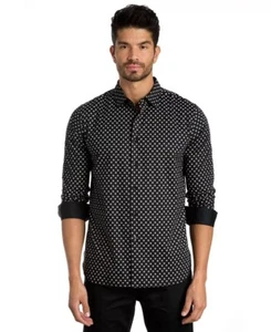 Camisa deportiva Jared Lang para hombre L ajuste ajustado estampado de puntos rosas manga larga negra nueva con etiquetas - Imagen 1 de 16