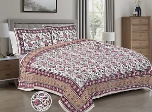 Loom N Bloom Jaipuri Hand Screen Print Cotton 1 Bedsheet 2 Pillowcover "90x108" - Picture 1 of 5
