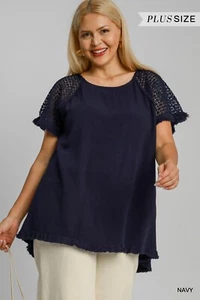 Umgee Plus Navy Linen Blend Round Neck with Crochet Fringe Short Sleeves Detail - Picture 1 of 2