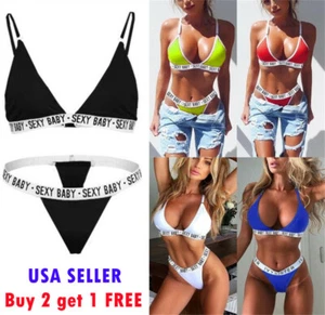 Women Letter Print Sexy Lingerie Bikini G-String Bra Thong Underwear Set C - Picture 1 of 11