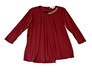 Michael Kors Merlot Pleated Front Tunic Blouse Gold Neckless Accent Women's L - Picture 1 of 8