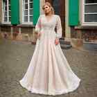 Champagne Lace Wedding Dresses Plus Size V Neck Long Sleeves A Line Bridal Gowns