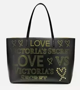 Victoria Secret Laser Cut Logo Totes Studded Black Bag Weekender New - Picture 1 of 5