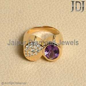 Designer Ring Real Diamond Amethyst Gemstone Solid 14k Yellow Gold Jewelry Ring - Picture 1 of 24