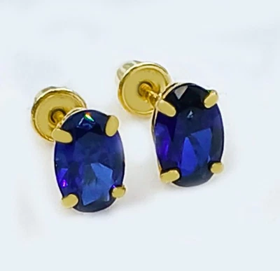 GENUINE 1.18 Cts BLUE SAPPHIRE STUD EARRINGS 14k GOLD - Free Appraisal Service - Image 1 of 4