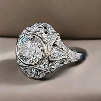 Vintage Filigre 14k White Gold Ring 1.72CT.Old Euro Cut Round Lab Grown Diamond  - Image 1 of 4