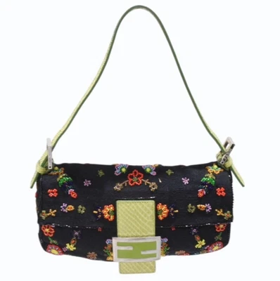 Bolso de Mano FENDI Mamma Baguette Un Hombro Cuentas Lona Cuero Flor 26424 Foto 1 de 4