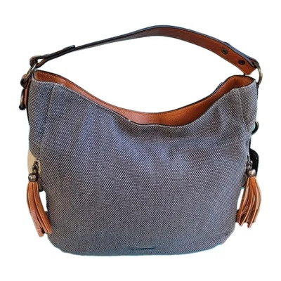 Simply Noelle Gray Tan and  White Canvas And Leather Purse detachable strap  - Image 1 of 4