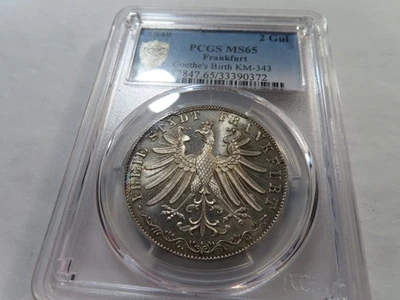 B8 Германия Франкфурт 1849 Серебро 2 Гульдена Рождение Гете PCGS MS-65 Хорошая Тонировка - Изображение 1 из 3