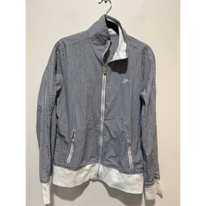 Nike seersucker gingham jacket women size L zipper lightweight cotton blue white - Picture 1 of 10
