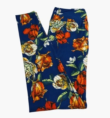 LuLaRoe Leggings OS One Size AUTUMN Fall BLUE ORANGE Floral ROSE Colorful SOFT - Image 1 of 4