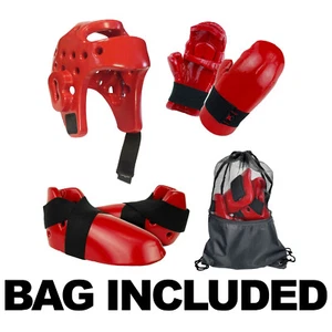 Red Martial Arts Ausrüstung Kopf Hand Fußschutz Taekwondo Karate Sparring Schaum Set - Bild 1 von 6