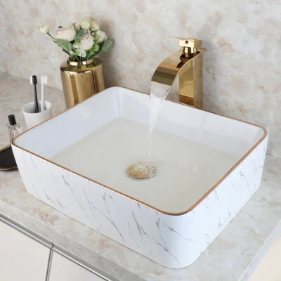 Fregadero de baño de cerámica blanco lavabo grifo mezclador grifo juego de drenaje Foto 1 de 4